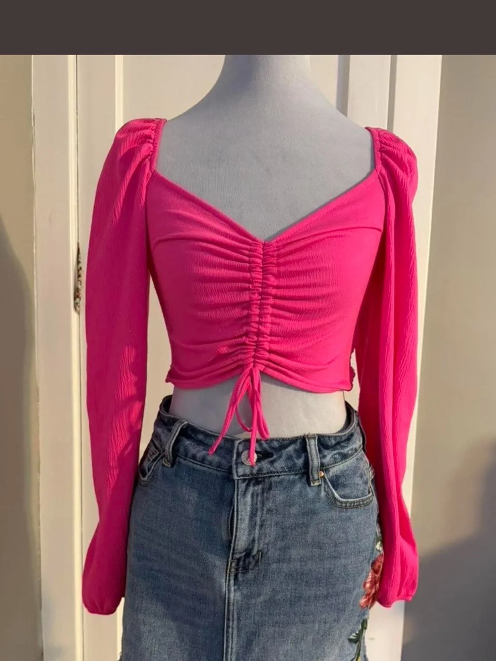 H&M Hot Pink Ruched Long-Sleeve Crop Top